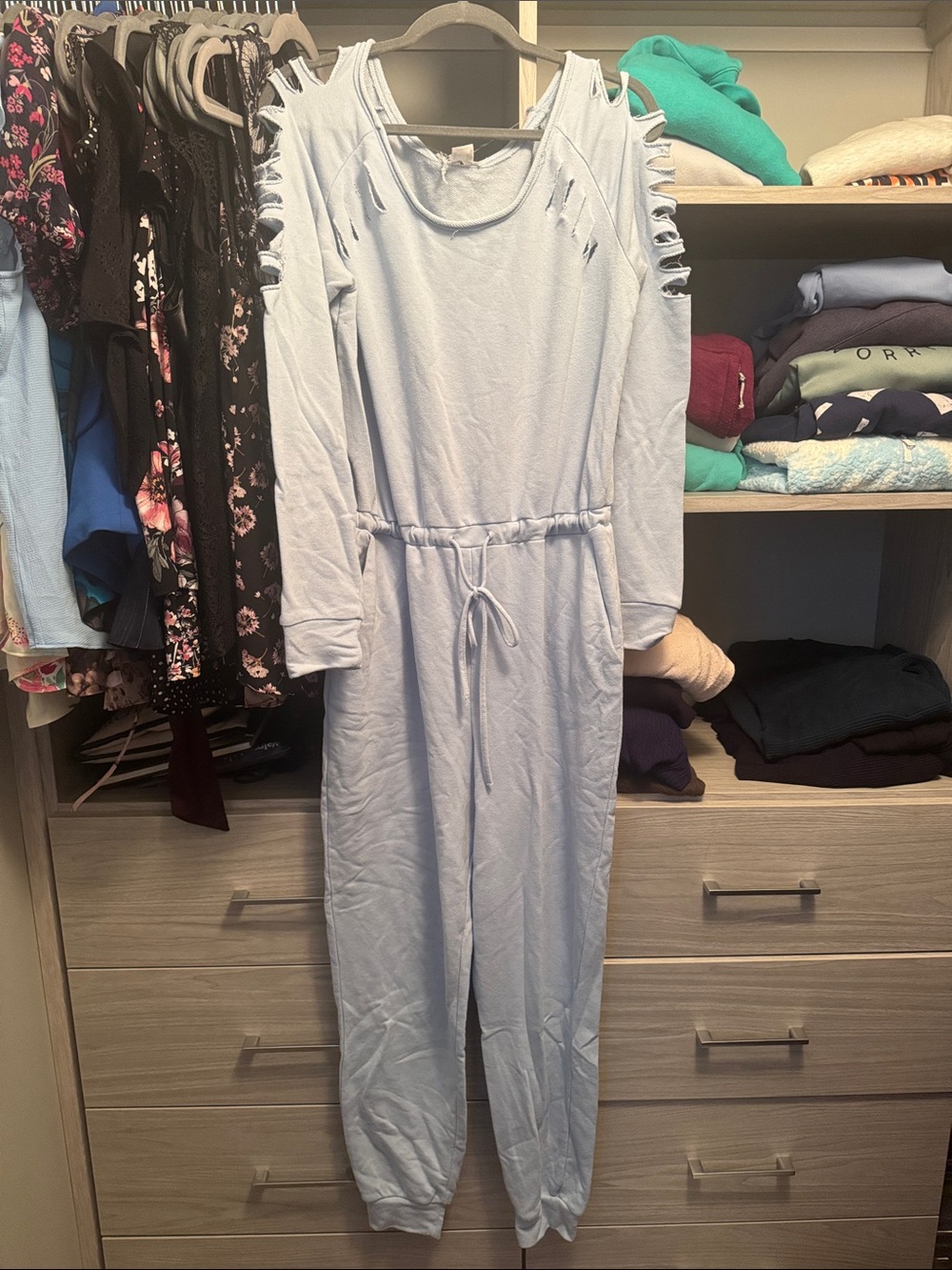 VENUS Light Blue Cold-Shoulder Drawstring Jumpsuit
